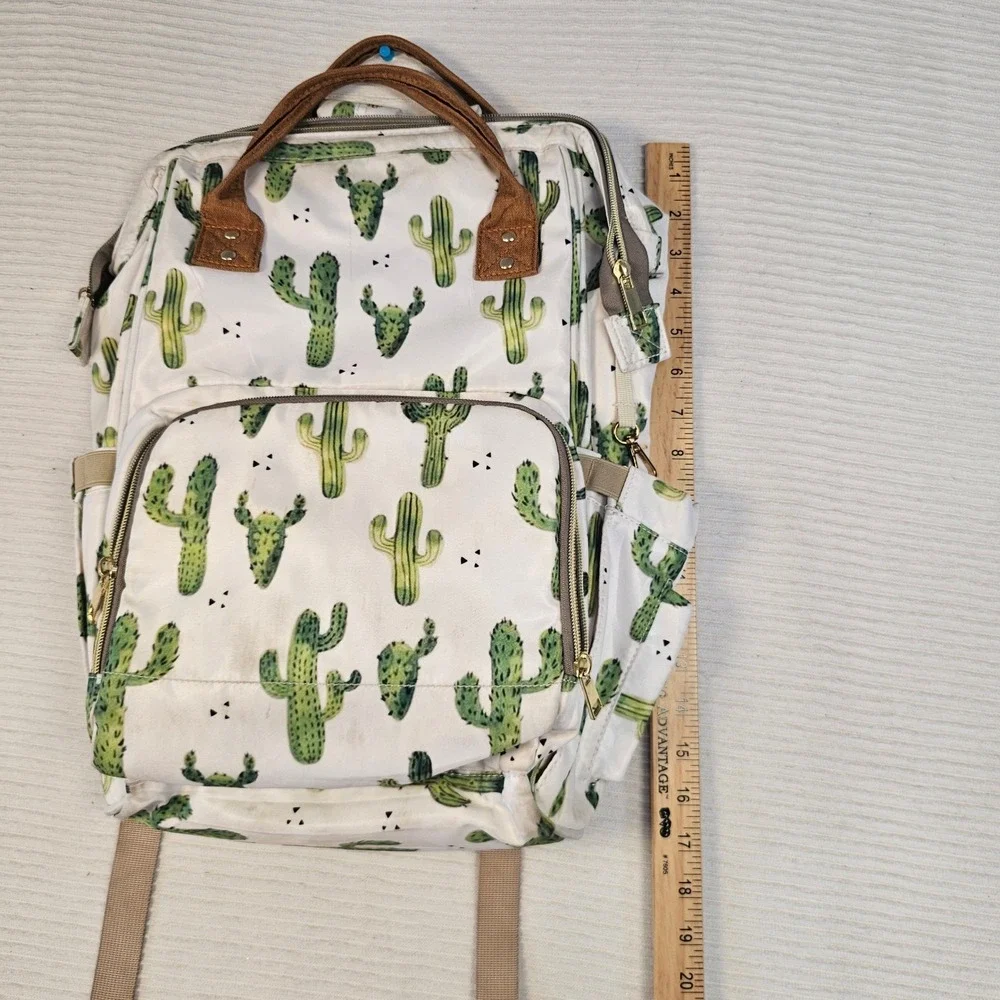 Cactus Print Diaper Bag Backpack White Green Desert Succulent Travel Bag